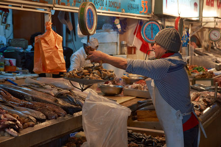 Santiago, Chile - July 8, 2014  Fresh seafood for sale in the historic main fish market in the centre of Santiago, capital of Chileのeditorial素材
