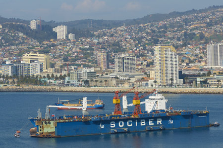 Valparaiso, Chile - July 23, 2014  Floating dock in the busy port of Valparaiso on the Pacific coast of Chile in South Americaのeditorial素材
