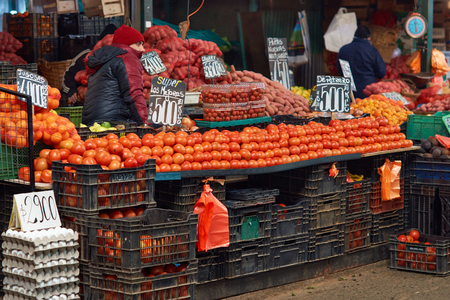 Santiago, Chile - July 24, 2014  Fresh fruit and vegetables for sale in the historic Central Market  La Vega  in Santiago, capital of Chile              のeditorial素材