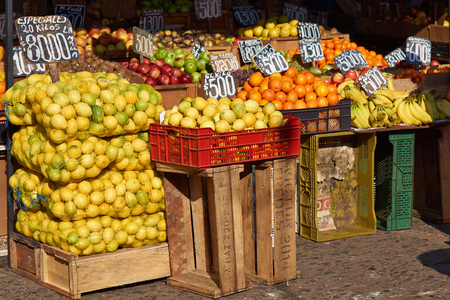 Santiago, Chile - July 24, 2014  Fresh fruit and vegetables for sale in the historic Central Market  La Vega  in Santiago, capital of Chileのeditorial素材