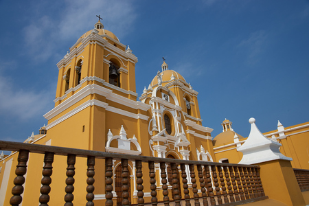 Bright yellow colonial style Cathedral in the Plaza de Armas in Trujillo, Peruの写真素材