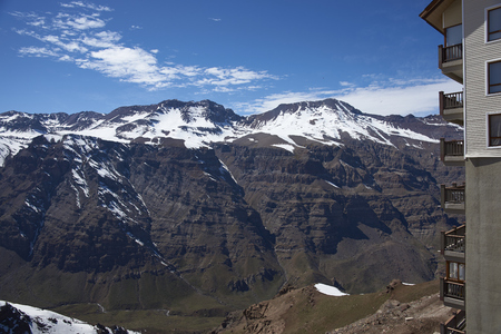 Hotels in the ski resort of Valle Nevado in the Andes mountains close to Santiago, the capital of Chile. Image taken in spring with most of the snow melted.のeditorial素材