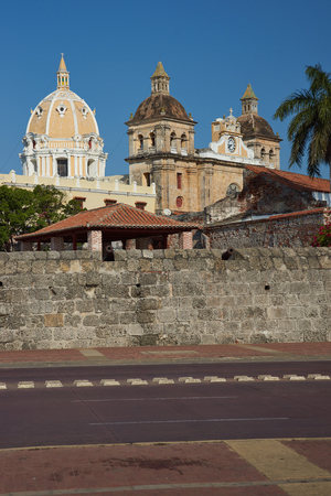Walled city of Cartagena de Indias in Colombia. Fortifications surround Spanish colonial era churches, cathedrals and houses  の写真素材