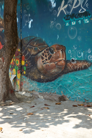 Cartagena, Colombia - January 27, 2015: Colourful murals decorating the wall of a house in the Getsemini area of the historic city of Cartagena in Colombiaのeditorial素材