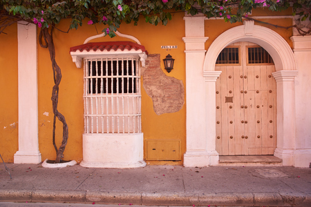 Historic Spanish colonial style house in the  of Cartagena de Indias in Colombiaの写真素材