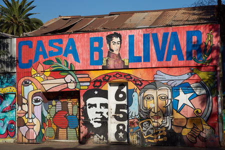 Santiago Chile  April 17 2015: Colourful murals decorating a street in Barrio Brasil Santiago Chile.のeditorial素材