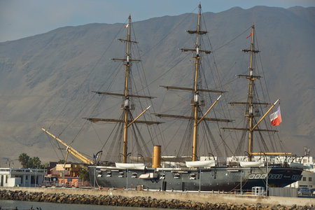 IQUIQUE, CHILE - JULY 7, 2015: Replica of the Chilean Navy ship Esmeralda that was sunk at the...