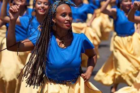 ARICA, CHILE - JANUARY 23, 2016: Group of dancers of Africa descent Afrodescendiente performing at the annual Carnaval Andino con la Fuerza del Sol in Arica, Chile.のeditorial素材