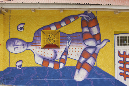 VALPARAISO, CHILE - FEBRUARY 04, 2016: Colourful street art decorating buildings in the UNESCO World Heritage port city of Valparaiso in Chile.のeditorial素材