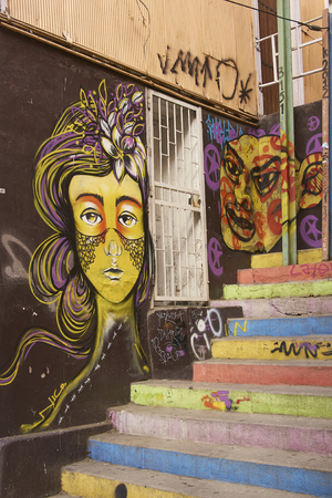 VALPARAISO, CHILE - MARCH 01, 2016: Colourful street art decorating buildings in the UNESCO World Heritage port city of Valparaiso in Chile.のeditorial素材