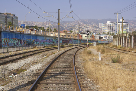 VALPARAISO, CHILE - MARCH 02, 2016: Urban railway running along the coast in the UNESCO World Heritage port city of Valparaiso in Chile.のeditorial素材