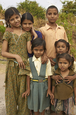 MANDU, MADHYA PRADESH, INDIA - NOVEMBER 19, 2008: Group of children in the hilltop town of Mandu in Madhya Pradesh, India.のeditorial素材