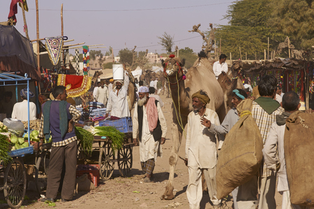 NAGAUR, RAJASTHAN, INDIA - FEBRUARY 15, 2008: Crowded street full of temporary stalls at the annual livestock fair in Nagaur, India.のeditorial素材