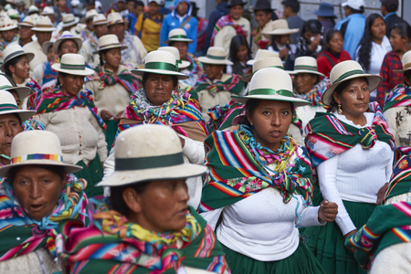 ORURO, BOLIVIA - FEBRUARY 23, 2017: Dancers in colourful costumes parading through the mining city of Oruro on the altiplano of Bolivia at the start of the annual carnival.のeditorial素材