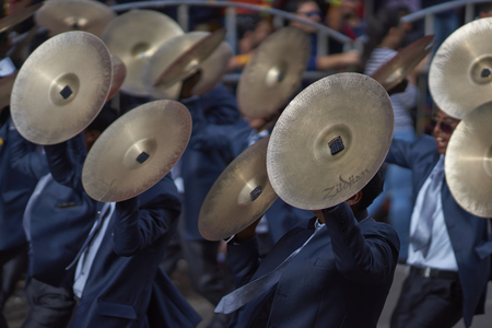 ORURO, BOLIVIA - FEBRUARY 25, 2017: Band of a Diablada dance group parading through the mining city of Oruro on the Altiplano of Bolivia during the annual carnival.のeditorial素材