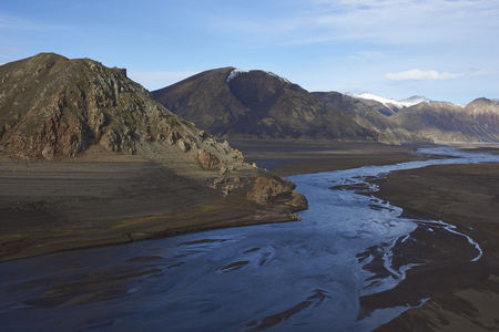 Mountain river flowing into Laguna de Laja in Laguna de Laja National Park in Bio Bio region of Chile.の写真素材