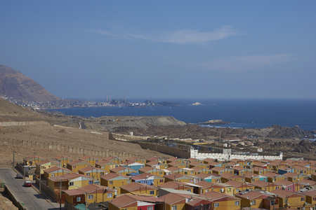 Tocapilla, Antofagasta Region, Chile - August 19, 2017: Industrial port city of Tocapilla on the Pacific coast of northern Chile.の写真素材
