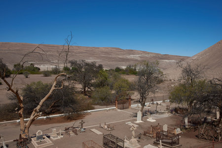 Tiliviche, Tarapaca Region, Chile - August 21, 2017: Historic British Cemetery from the era of nitrate mining in the Atacama Desert, in the grounds of Hacienda Tiliviche in northern Chile.のeditorial素材