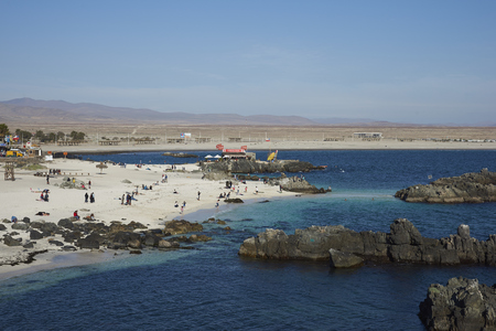 Bahia Inglesa, Antofagasta Region, Chile - September 2, 2017: Waterfront of the historic coastal town of Bahia Inglesa on the edge of the Atacama Desert in Chile.のeditorial素材