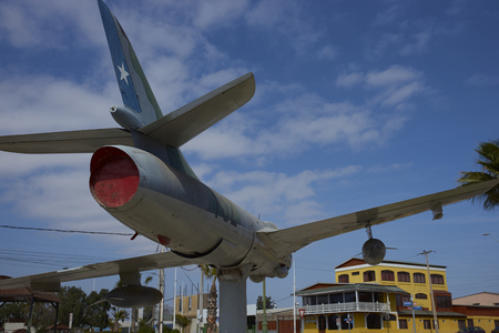 MEJILLONES, ANTOFAGASTA REGION, CHILE - SEPTEMBER 1, 2017: Historic aircraft, Hawker Siddeley Hunter, in the coastal city of Mejillones in the Antofagasta Region of Chileのeditorial素材