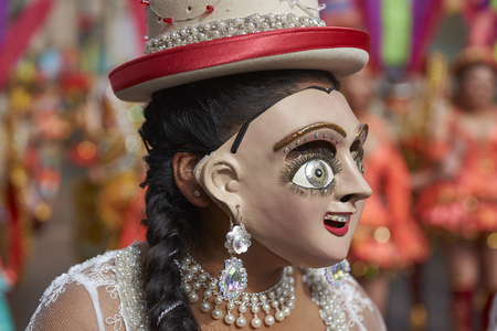 ORURO, BOLIVIA - FEBRUARY 25, 2017: Morenada dancers in ornate costumes parade through the mining city of Oruro on the Altiplano of Bolivia during the annual carnival.のeditorial素材