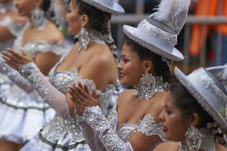 ORURO, BOLIVIA - FEBRUARY 25, 2017: Morenada dancers in ornate costumes parading through the mining city of Oruro on the Altiplano of Bolivia during the annual carnival.のeditorial素材