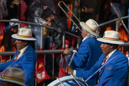 ORURO, BOLIVIA - FEBRUARY 25, 2017: Band of a Diablada dance group parading through the mining city of Oruro on the Altiplano of Bolivia during the annual carnival.のeditorial素材