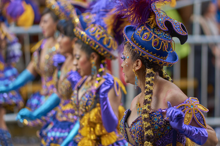ORURO, BOLIVIA - FEBRUARY 25, 2017: Morenada dancers in ornate costumes parading through the mining city of Oruro on the Altiplano of Bolivia during the annual carnival.のeditorial素材