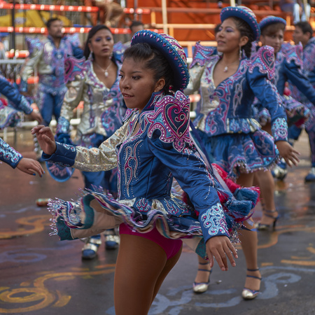 ORURO, BOLIVIA - FEBRUARY 26, 2017: Caporales dancers in ornate costumes parading through the mining city of Oruro on the Altiplano of Bolivia during the annual carnival.のeditorial素材