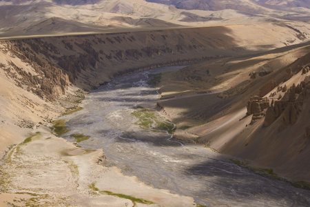 Arid mountain scenery along the route of the high altitude road between Manali and Leh in Ladakh,...