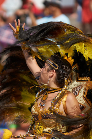 ARICA, CHILE - FEBRUARY 11, 2017: Tobas dancer in ornate costume performing at the annual Carnaval...