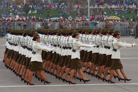SANTIAGO, CHILE - SEPTEMBER 19, 2015: March past by the Carabinero at the annual military parade as...