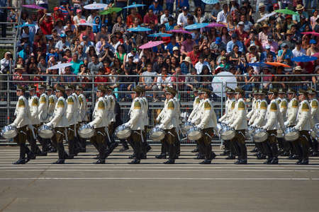 SANTIAGO, CHILE - SEPTEMBER 19, 2015: March past by the Carabinero at the annual military parade as part of the Fiestas Patrias commemorations in Santiago, Chile.のeditorial素材
