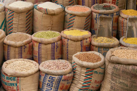 DELHI, INDIA - FEBRUARY 5, 2009: Colourful arrangement of pulses and lentils for sale at a market in Old Delhi, Indiaのeditorial素材