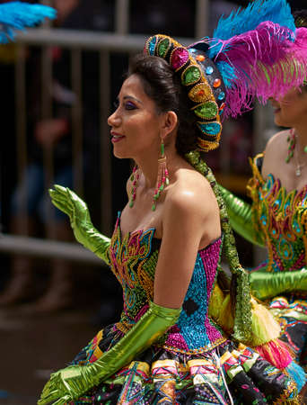 ORURO, BOLIVIA - FEBRUARY 25, 2017: Morenada dancers in ornate costumes parade through the mining city of Oruro on the Altiplano of Bolivia during the annual carnival.のeditorial素材