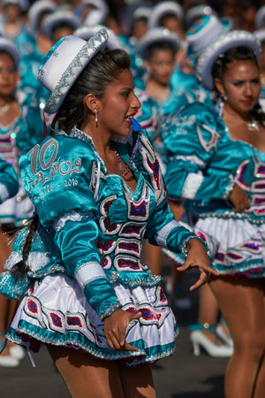 ARICA, CHILE - JANUARY 22, 2016: Caporales dance group performing at the annual Carnaval Andino con...