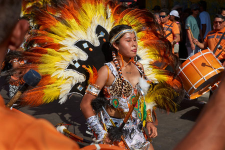 ARICA, CHILE - JANUARY 22, 2016: Tobas dancers in traditional Andean costume performing at the annual Carnaval Andino con la Fuerza del Sol in Arica, Chile.のeditorial素材