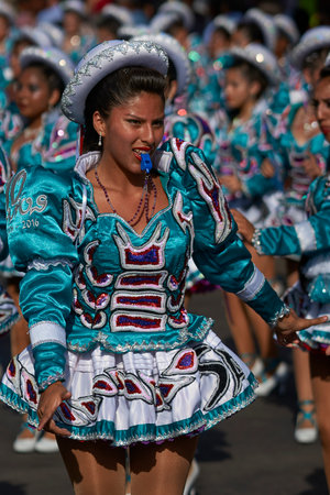 ARICA, CHILE - JANUARY 22, 2016: Caporales dance group performing at the annual Carnaval Andino con la Fuerza del Sol in Arica, Chile.のeditorial素材