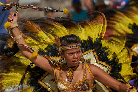 ARICA, CHILE - FEBRUARY 11, 2017: Tobas dancer in ornate costume performing at the annual Carnaval...