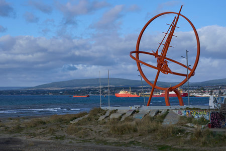 Monuments and artwork along the waterfront of Punta Arenas in southern Chileのeditorial素材