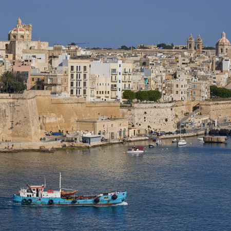 Valetta, Malta - June 8, 2023: Scenic view from the city of Valetta across the Grand Harbour to Birgu and Sengleaのeditorial素材