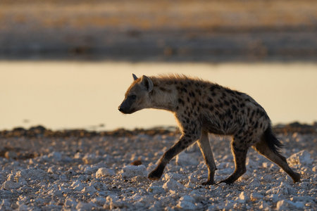 Spotted Hyaena (Crocuta crocuta) at a waterhole in Etosha National Park, Namibiaの写真素材
