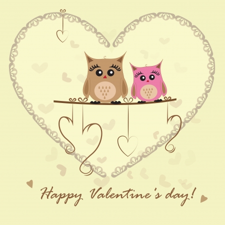 Cute owls on the tree with hearts. Valentine's day card.のイラスト素材