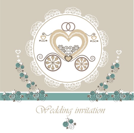 Wedding invitation card with carriage and floral elements.のイラスト素材