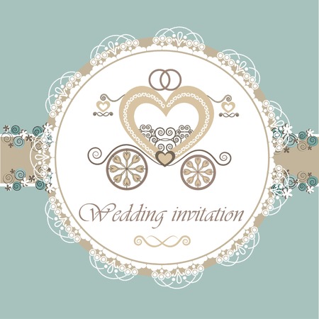 Wedding invitation card with carriage and floral elements.のイラスト素材