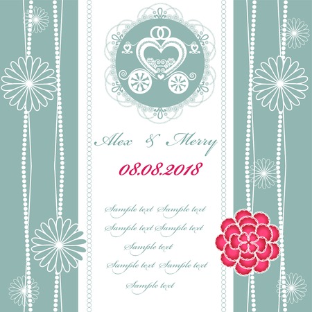 Wedding invitation card with carriage and floral elements.のイラスト素材