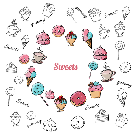Hand drawn desserts and sweets on white background. Doodle sweets on white background. Black and white doodle pastry and desserts.のイラスト素材