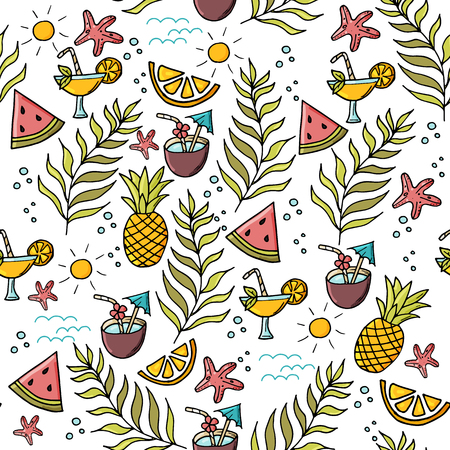 Seamless exotic pattern with tropical leaves, fruits, coctails. Summer beach pattern.のイラスト素材