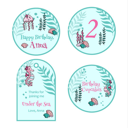Happy birthday greeting card and party invitation templates. Collection with seahorse and jellyfish. Festive backgroundのイラスト素材