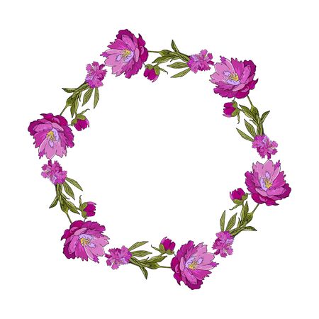Summer floral wreath with peony flowers. Circle frame with flowers on white background. Wedding invitation or card template.のイラスト素材